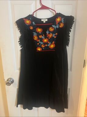 Umgee Black Dress with Red & Yellow Floral Embroidery